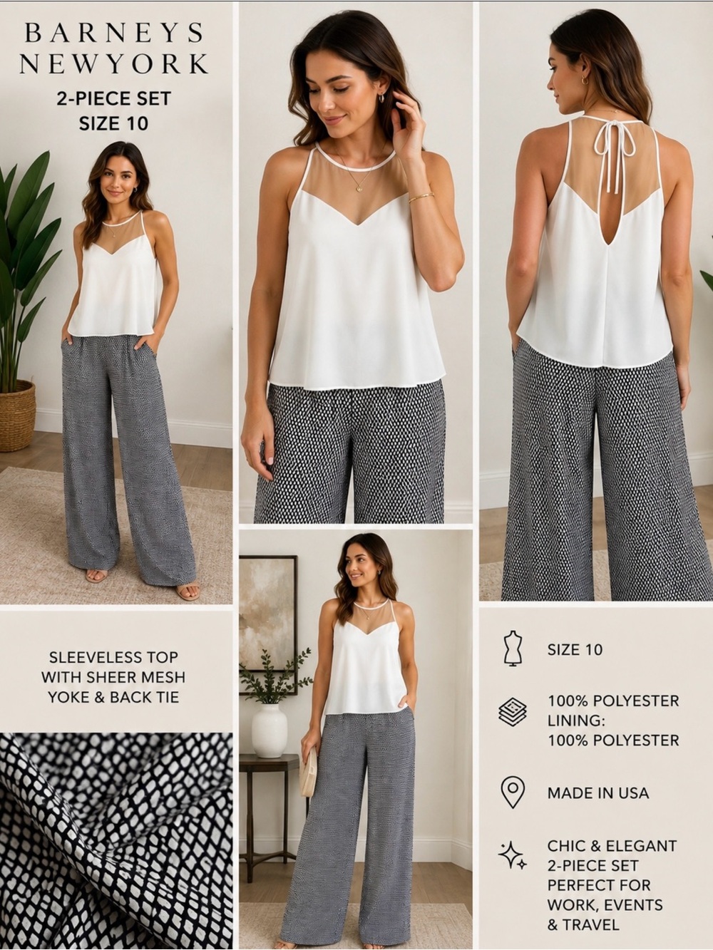 Barneys New York Women’s Size 10 White Tan Mesh Top Wide Leg Pants Set